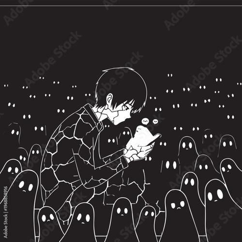 Illustration of a person surrounded by ghosts, monochrome, line art, emotive scene