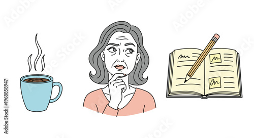 An older woman deep in thought, with a pensive expression, considering ideas next to a steaming coffee cup and an open notebook with a pencil.