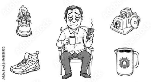 A weary man sitting with tired eyes, holding a coffee cup and phone, surrounded by running shoes, hiking boots, a camera, and a pitcher of coffee.