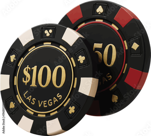 Poker chips, Las Vegas casino tokens, $100 gambling chips, black red white poker chips