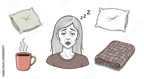 A visibly sleepy woman with heavy eyes and a tired expression, surrounded by two pillows, a cozy blanket, and a steaming cup of coffee.