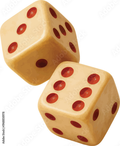 Wooden dice, beige game cubes, red dots, gambling, chance, luck, vector icons
