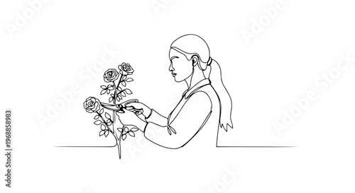 One line drawing of a woman pruning rose flowers. Minimalist vector illustration of gardening and floral care concept. Continuous line art isolated on white background