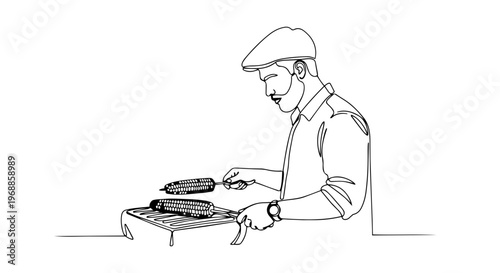 Man grilling corn on a barbecue. One line drawing vector illustration. Minimalist outdoor cooking and food concept