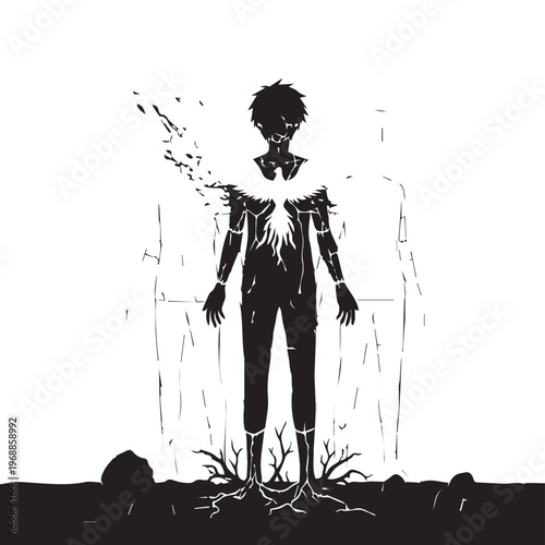 Black silhouette illustration, human figure decomposing, roots growing, abstract concept, emotional distress