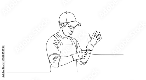 One line drawing of a gardener putting on gloves. Minimalist vector illustration of a male worker in an apron and cap. Spring gardening concept isolated on white