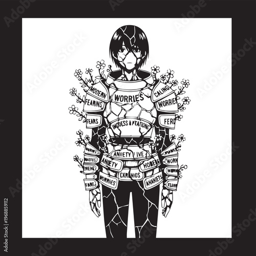 Emotional turmoil, cracked body illustration, mental health concept, psychology art