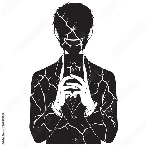 Cracked, broken, shattered man, vector illustration, black and white