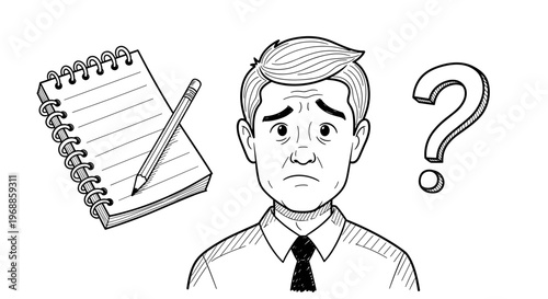 A worried man with a furrowed brow and questioning expression appears stressed, next to a question mark, a notepad and pencil.