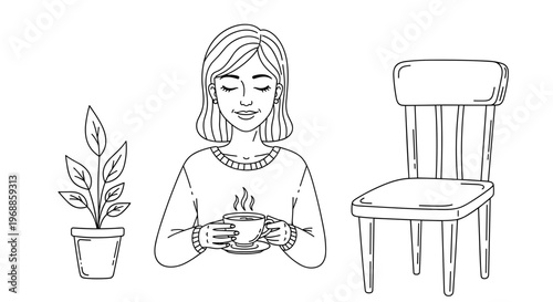 A peaceful woman with closed eyes savors a warm drink, finding tranquility and comfort, next to a plant and chair.
