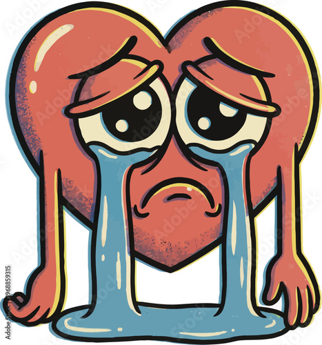 Sad heart, crying heart, heartbreak icon, emotional symbol, vector illustration
