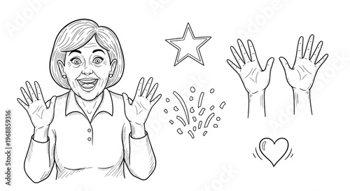 A jubilant woman raises open hands in overwhelming excitement and happiness, surrounded by a star, fireworks, and heart.