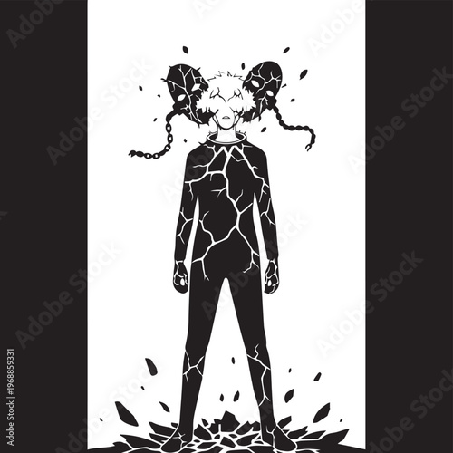 Cracked silhouette, shattered person, breaking apart, mental health