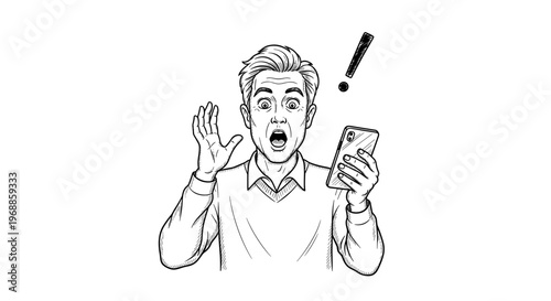 A man reacts with great shock, holding his smartphone, mouth open, hand raised in disbelief, with an exclamation mark for urgency.