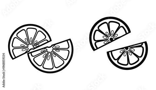 A simple black and white sketch depicts several orange slices, some whole and some cut into wedges, creating a fresh and zesty visual.