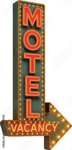 Vintage motel sign, retro neon vacancy sign, hotel indicator, directional arrow