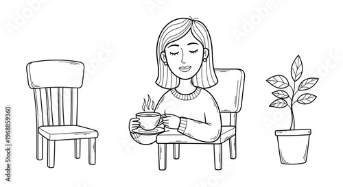 A young woman with closed eyes enjoys a hot drink, sitting on a chair, with an empty chair and a potted plant nearby.