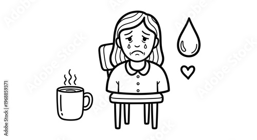 A sad woman with tears, sitting heartbroken, with a tear drop, a small heart, and a hot coffee mug.
