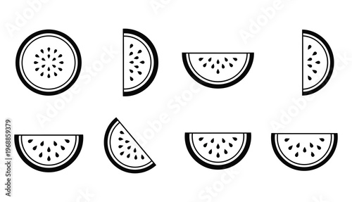 A simple, graphic illustration depicting a whole watermelon and various sliced portions, presented in a monochrome style.