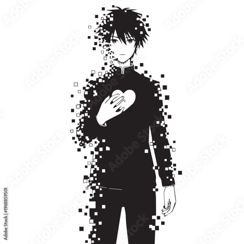 Anime man, pixel art, black and white, emotive illustration, digital vector graphics