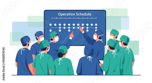 Medical Team Discussing Operation Schedule on Whiteboard in Operating Room