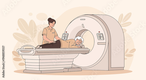 Medical Scan: Patient undergoing CT scan with nurse assistance in a modern clinic.