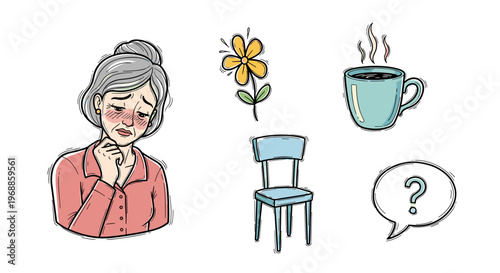 An elderly woman with a flushed face and worried expression sits near a single flower, a steaming cup of coffee, and a chair, symbolizing illness or concern.