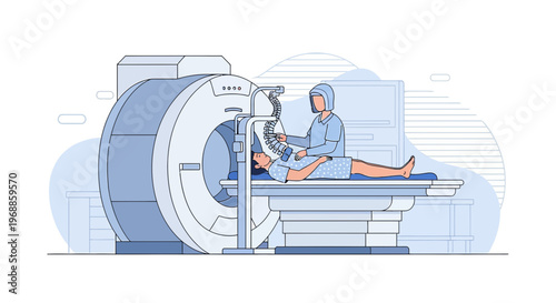 Medical Scan: Patient Undergoing MRI Procedure with Technician in Modern Clinic