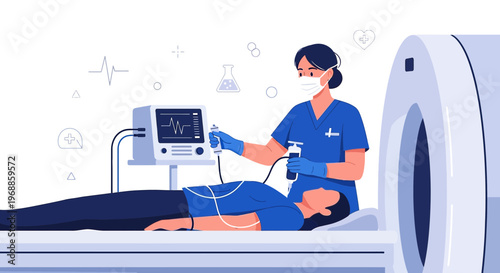 Medical Scan: Patient Undergoing CT Scan with Nurse Monitoring Vital Signs