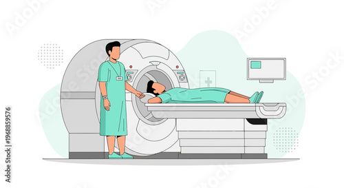 Medical Scan: Patient undergoing MRI procedure with technician in modern clinic