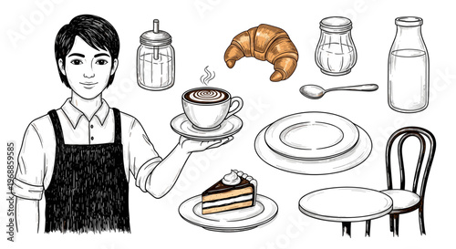 A friendly barista in an apron holds a steaming cup of coffee with a croissant and pastry on a table nearby, illustrating a cafe setting.