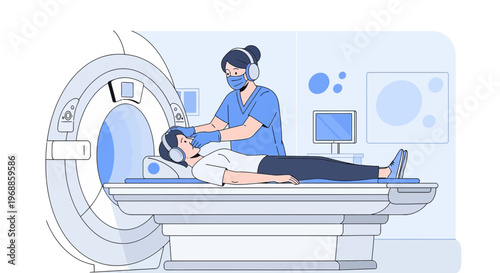 Medical Scan Procedure: Patient Undergoing MRI with Technician Assistance