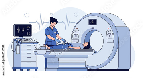 Medical scan: patient undergoing CT scan with nurse monitoring vital signs