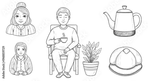 Two women, a man sitting peacefully with a cup, a potted plant, and a bowler hat are arranged in a composition suggesting comfort and reflection.