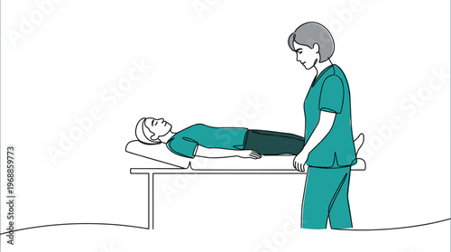 Medical professional examining female patient lying on clinical bed in minimalist continuous line art style for healthcare.