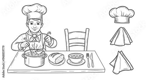 A chef ladles soup from a pot while a set table and bread are visible, alongside cooking hats and napkins, depicting a focus on serving and presentation.