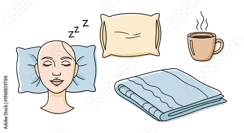 A woman sleeps peacefully on a pillow with 'Zzz' symbols, accompanied by a second pillow, a folded blanket, and a cup of hot coffee, illustrating rest and comfort.