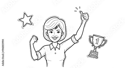 A cheerful woman confidently celebrating her success with a thumbs-up gesture, surrounded by a gleaming star and a first-place trophy, embodying achievement.