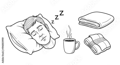 A peaceful man sleeping soundly on a pillow with Zzz symbols, accompanied by objects representing comfort and morning rituals like coffee and blankets.