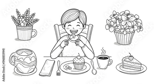 A delightful child happily eating a cupcake at a table laden with various sweet treats, including a cake slice, coffee, and other pastries.