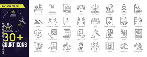 Court Stroke icon collections. Containing, law, justice, legal, judge, gavel, courthouse, lawyer, scale of justice,  and legal system icons. Editable Stroke icon collection Outline icon