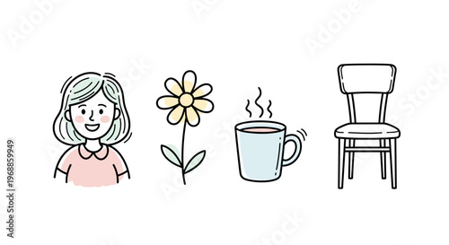 A cheerful woman smiling beside a simple yellow flower, a light blue coffee cup, and a classic wooden chair, all in a minimalist doodle style.