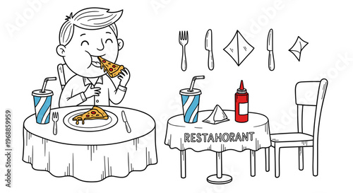 A happy child enjoys pizza at a restaurant table, with another elegantly set table featuring cutlery, napkins, and drinks nearby.