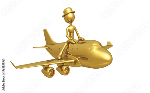 Golden man wearing bowler hat sitting on golden airplane  travel concept