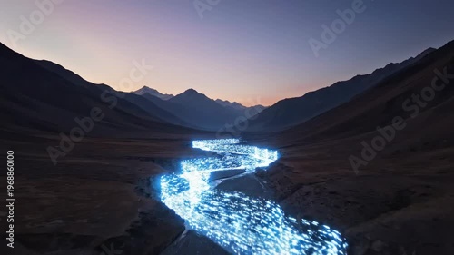 Serene mountain landscape with glowing blue river at twilight