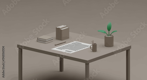 Desk with documents and plant for office work.