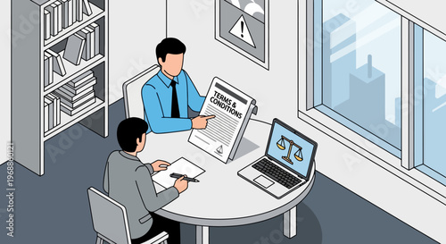 Two businessmen reviewing legal document at table with laptop and scales of justice.