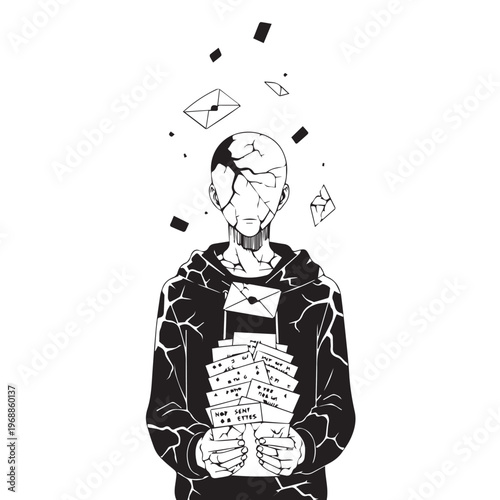 Stressed man, overwhelmed with paperwork, cracked face, black and white vector illustration, mental health concept