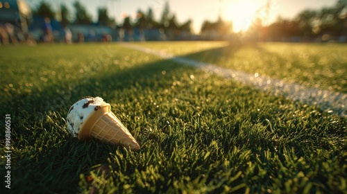 Chocolate chip ice cream cone lying on green grass of a soccer field at sunset with stadium lights bokeh