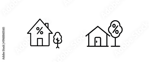 Real estate property tax outline icon set featuring house with percentage symbol and residential tax with tree vector illustration on editable stroke for financial design